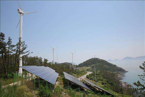 Solar Panels and wind turbines on the island of Gasado, South Korea